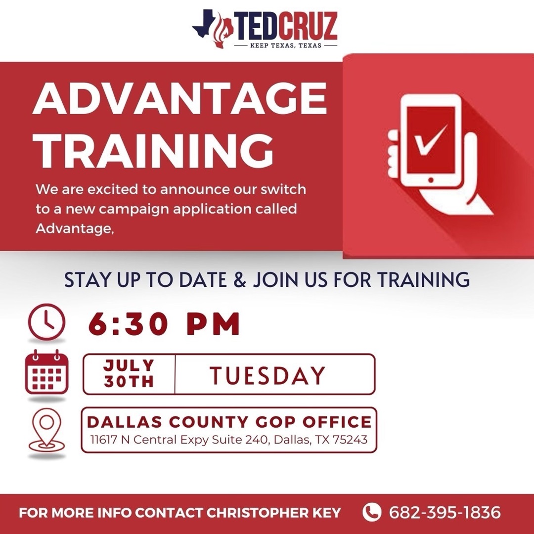 Flyer for Ted Cruz Campaign training on the Advantage software system.