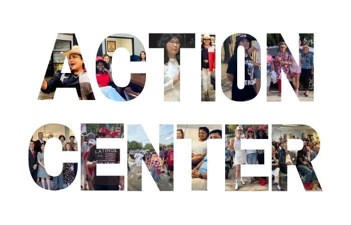 The words "action center" spelled out in pictures of our wonderful volunteers and staff!