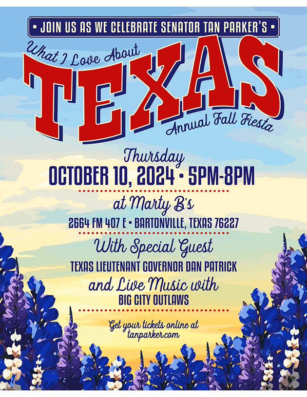 Flyer image for Tan Parker's What I love about Texas Fall Fiesta with Special Guest Lt. Governor Dan Patrick