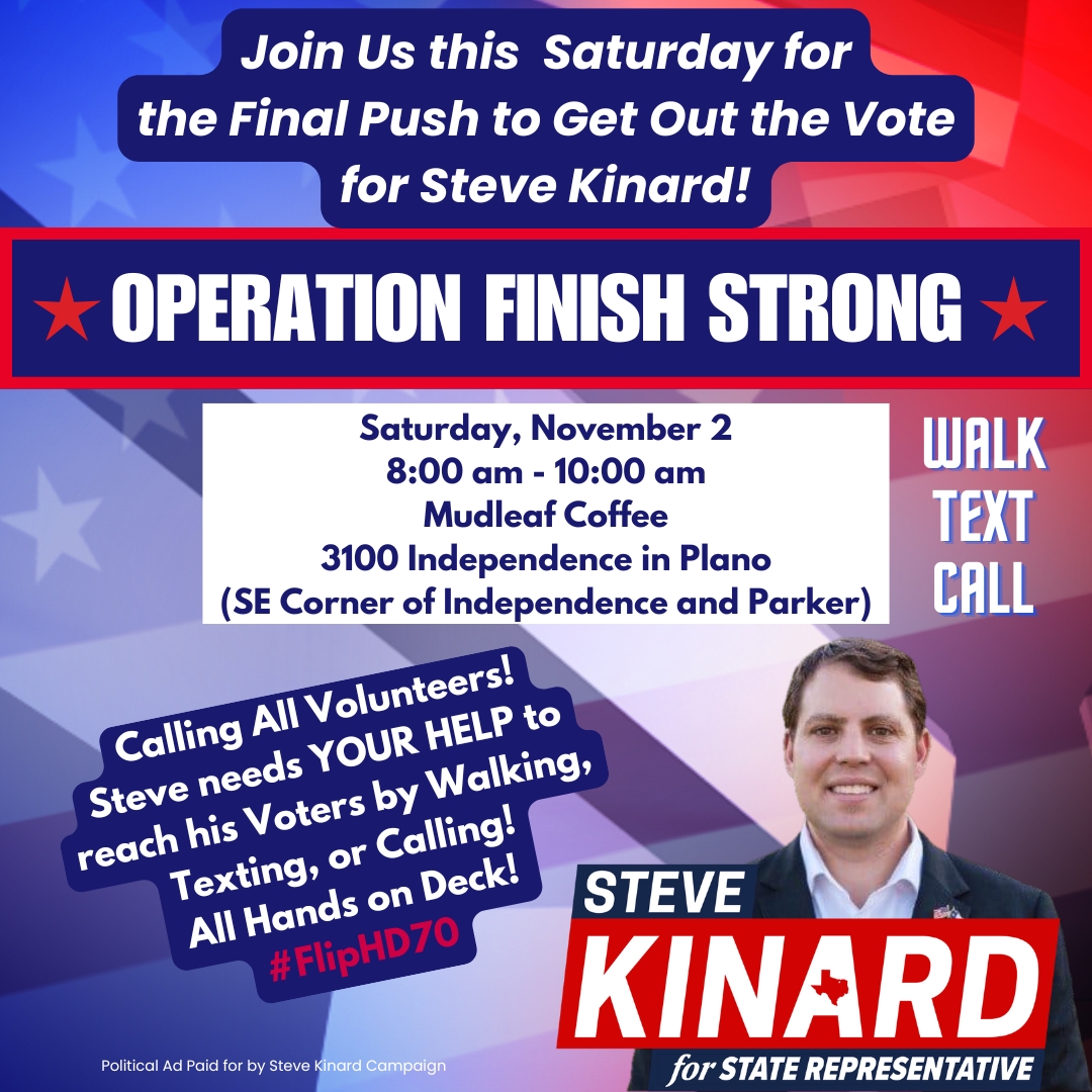 Event Flyer Image for Meeting for Volunteers to Get Out the Vote for Steve Kinard for State Representative at Mudleaf Coffee.