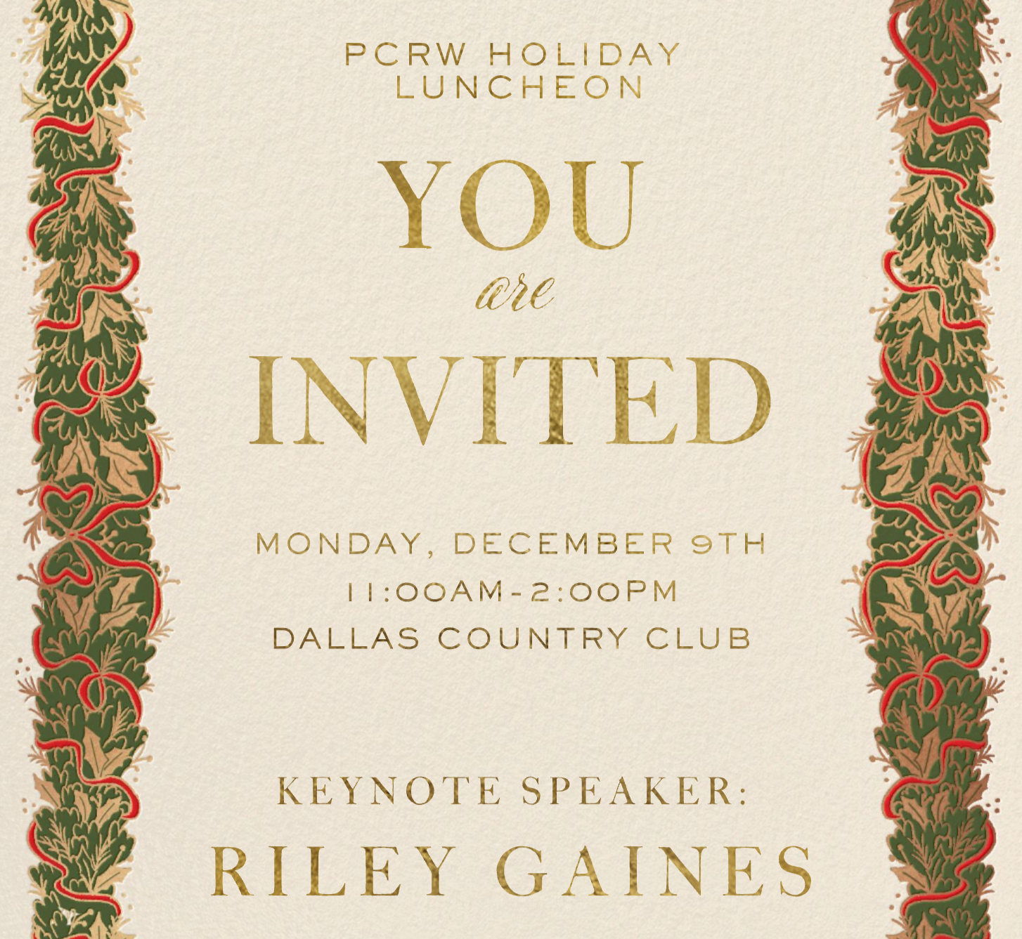 flyer image for Park Cities Republican Women Holiday Luncheon featuring Keynote Speaker Riley Gaines