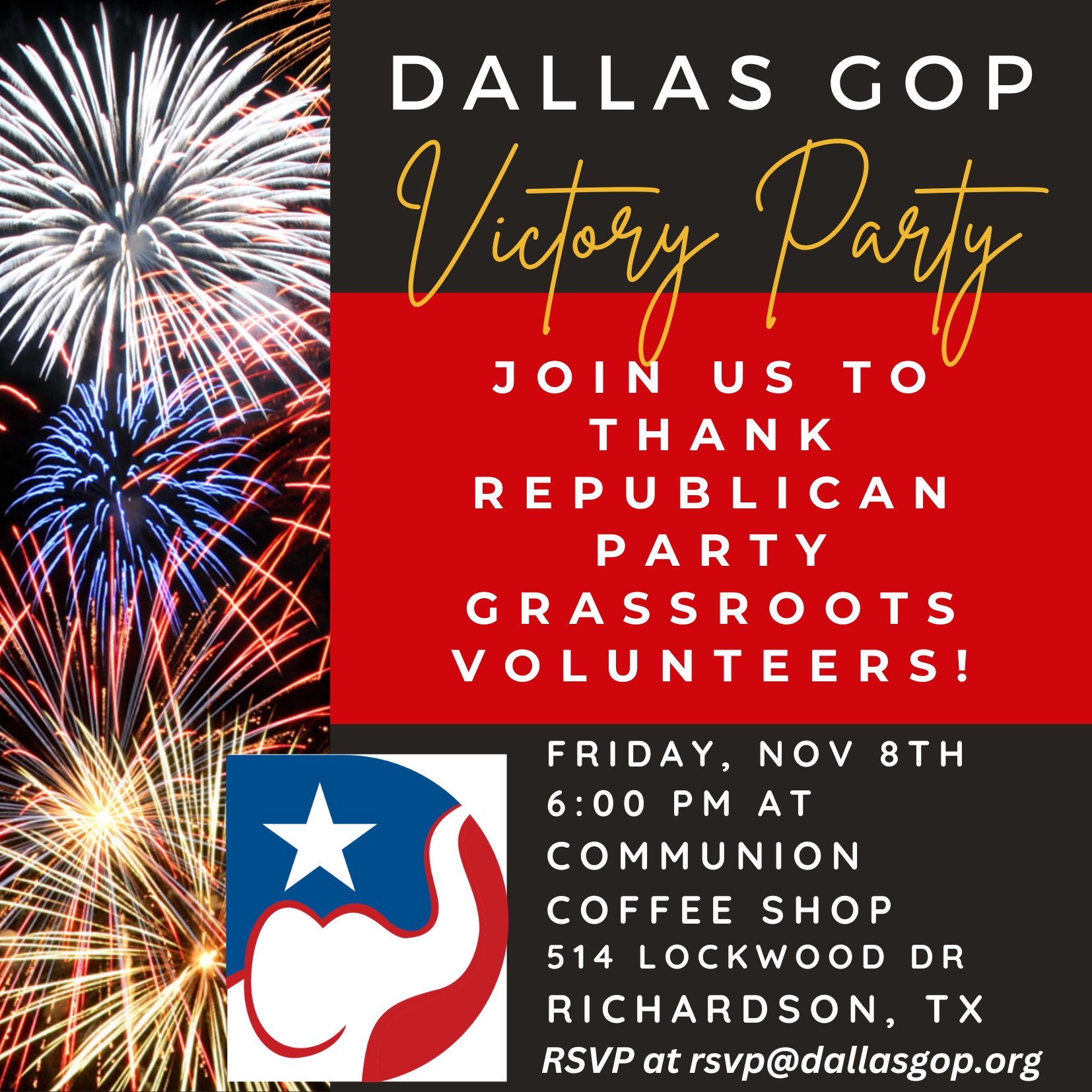 Flyer image for Texas GOP Statewide and Dallas GOP Victory Party
