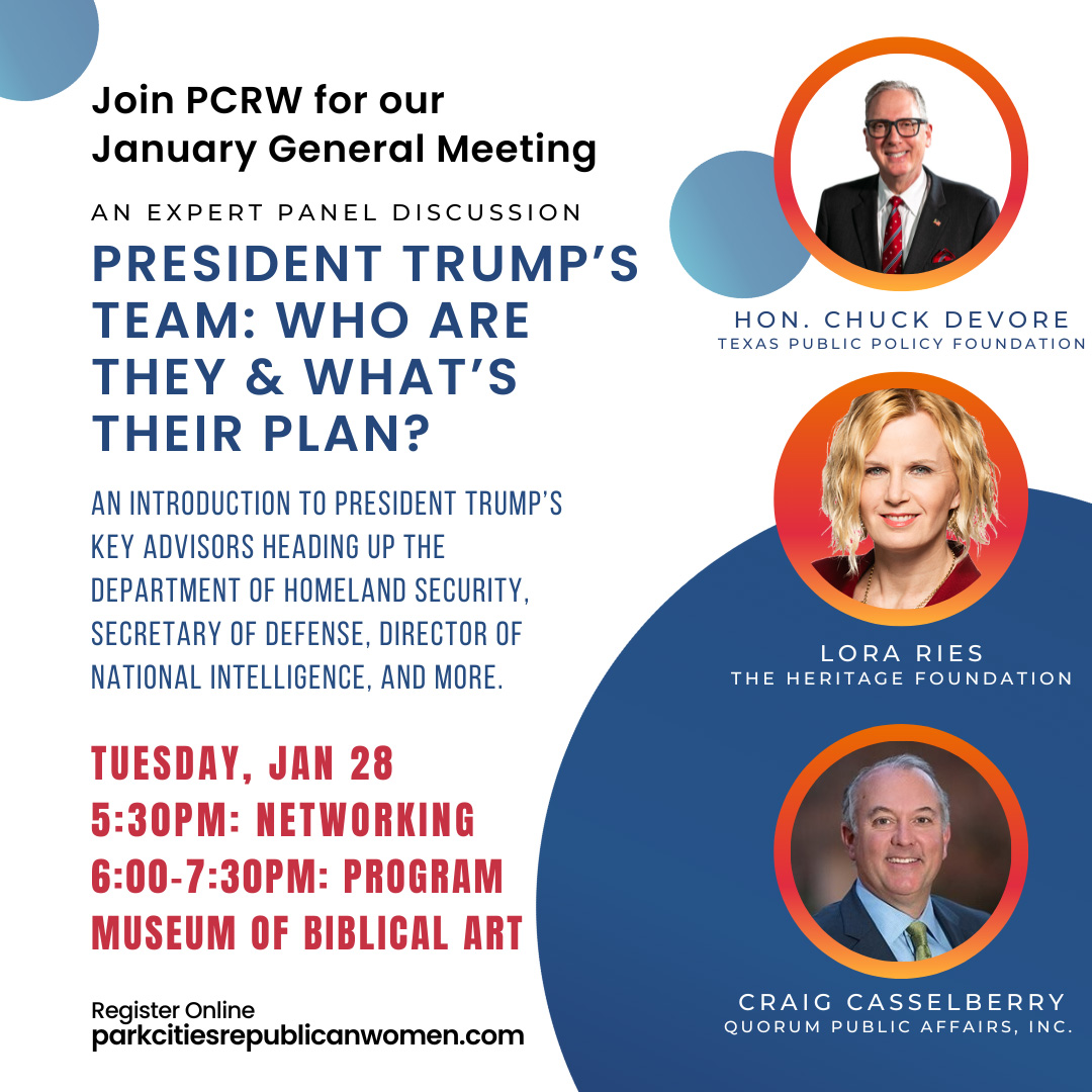 Flyer image for PCRW is excited to host an expert panel who will introduce us to President Trump’s key advisors heading up the Department of Homeland Security, Secretary of Defense, Director of National Intelligence, and more.