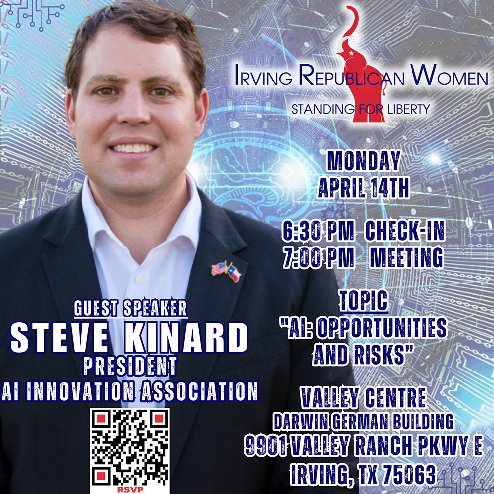 Flyer Image - Picture of Steve Kinard and info for IRW's monthly meeting will feature guest speaker, Steve Kinard, President of AI Innovation Association on Monday, 4/14/25, at 7:00 PM at Valley Centre