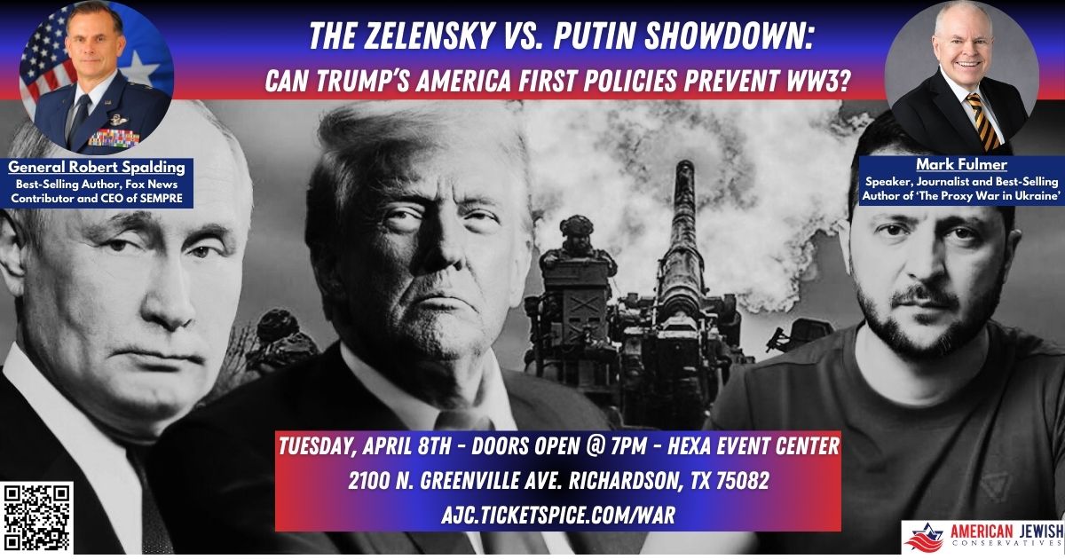 Flyer image - We invite you to join us on Tuesday, April 8th @ 7PM for an exciting and timely speaker series event discussing the geopolitical implications of the Ukraine-Russia War, why Trump's policies are antithetical to global elites at the UN & NATO, and what it will take to diffuse the ongoing war! with images of Putin, Trump and Zelenskyy