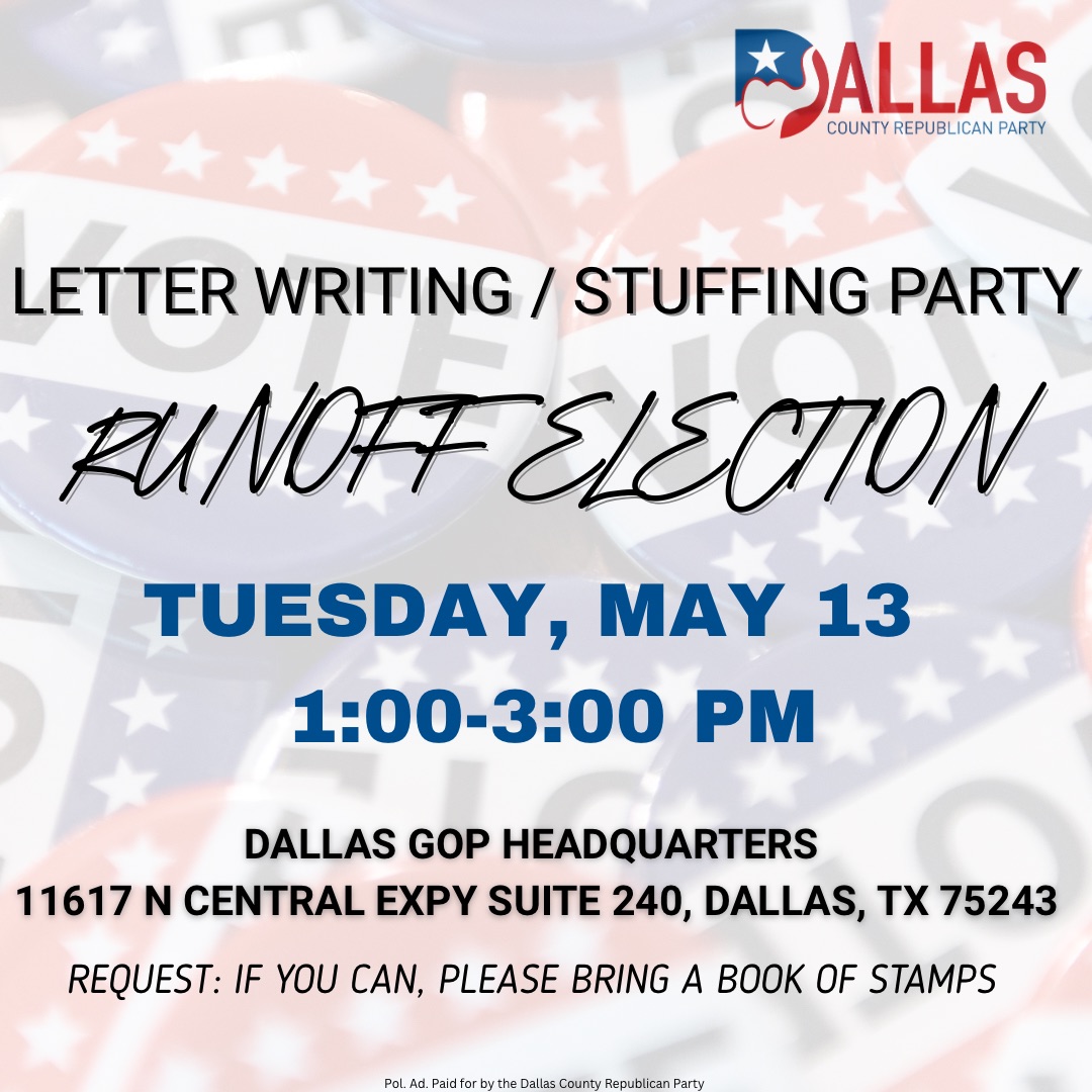 event flyer image - "We will be addressing and stuffing envelopes with letters from the candidates to the voters about the Runoff Election. Join us!"
