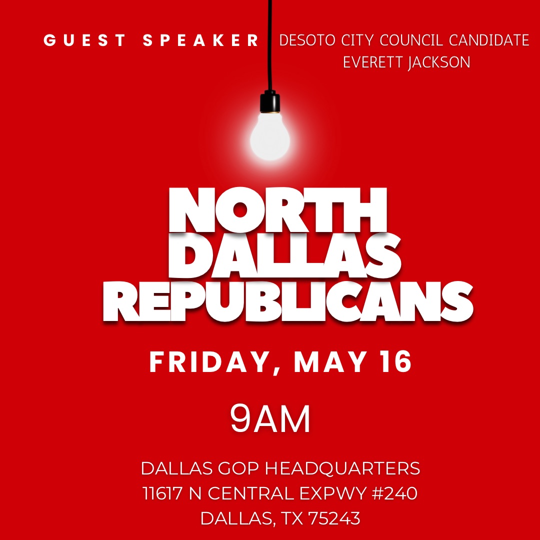 Event flyer image - "Join us this Friday morning with special guest Everett Jackson, DeSoto City Council candidate, as he discusses his runoff election, the challenges he's facing from opponents, and his push to the finish line."