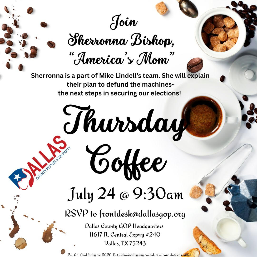 Flyer image - "Join Sherronna Bishop, "America's Mom", part of Mike Lindell's election integrity team. She will explain their plan to defund the machines - the next steps in securing our elections!"
