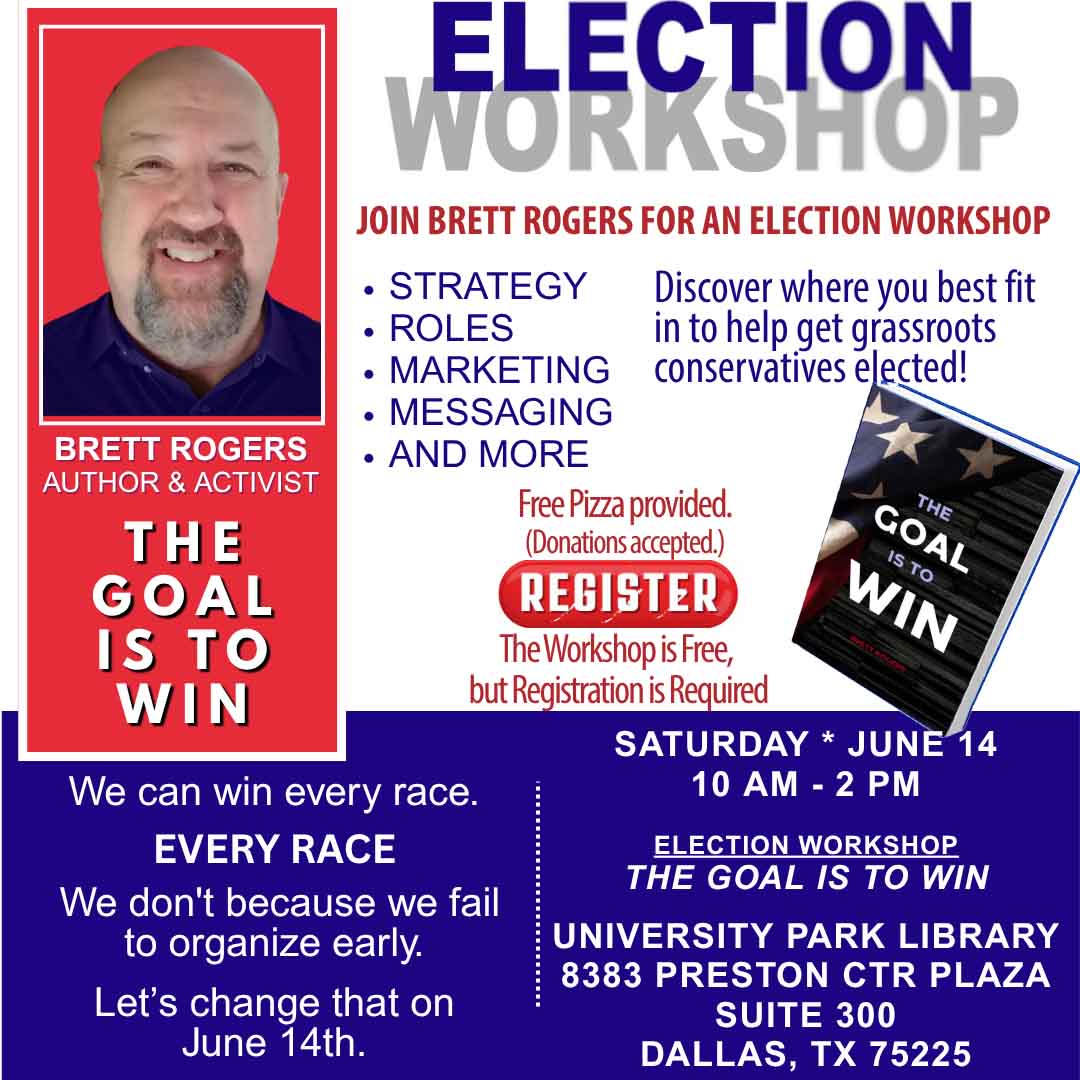 Flyer image with picture of Brett Rogers and event details - Free Election Workshop with Activist and Author, Brett Rogers!