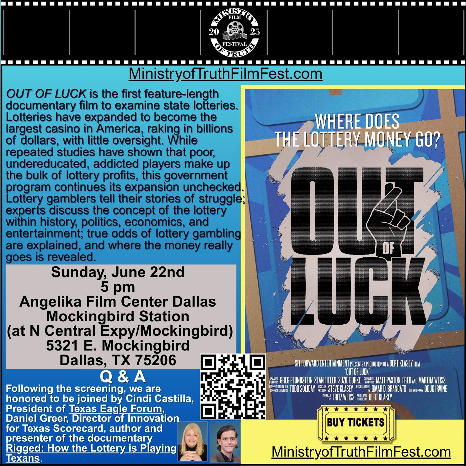 Flyer image - The documentary "Out of Luck" will be shown on Sunday, June 22, 2025, at 5 pm at Angelika Film Center Dallas.