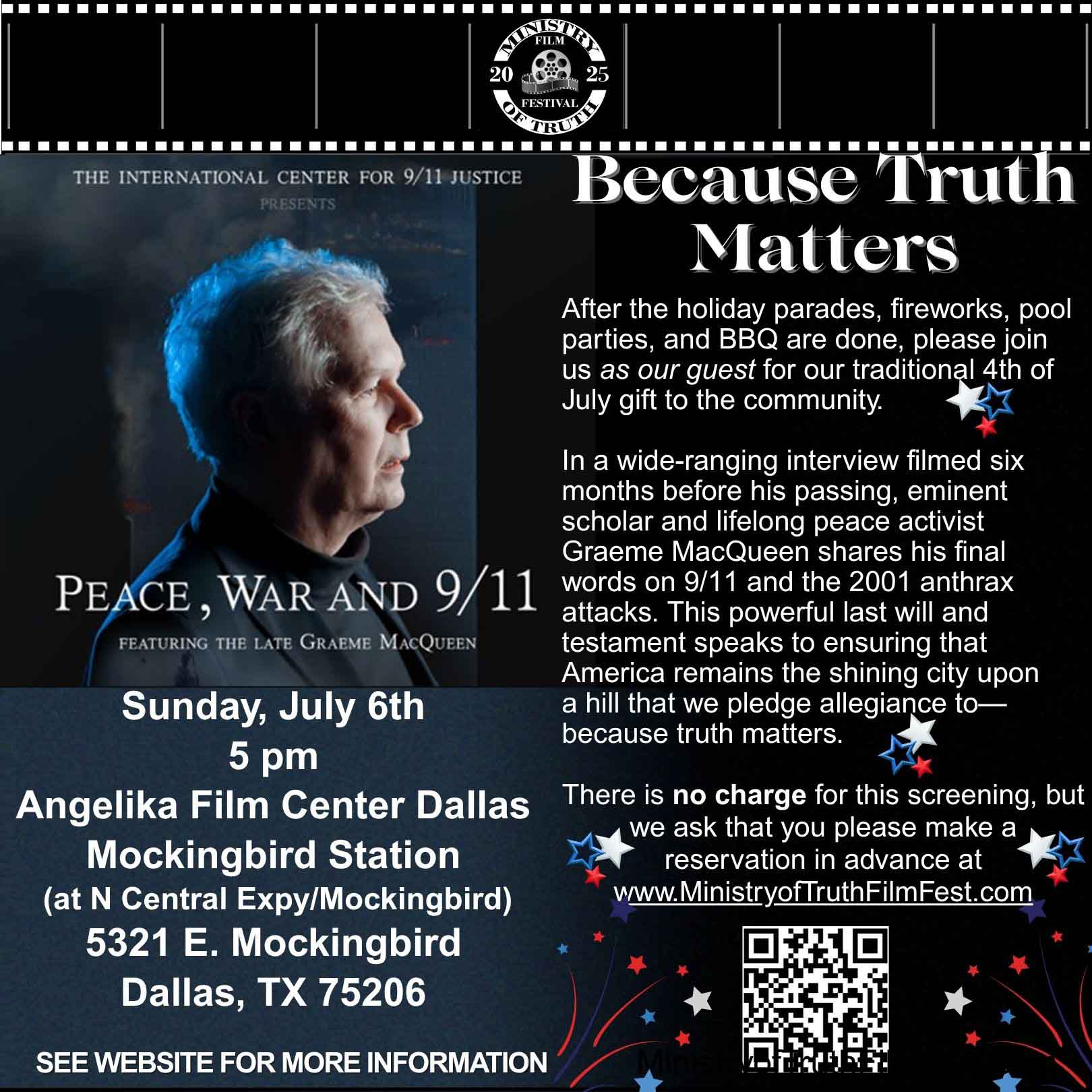 Flyer image - Free movie, "Peace, War and 9/11" to be shown on Sunday, July 6th at 5 PM.