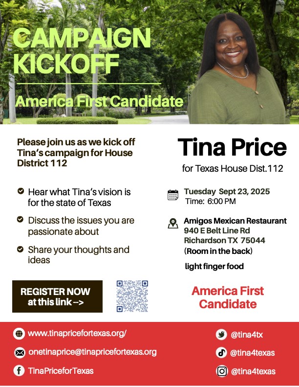 Flyer image - Tina Price Candidate Kickoff
